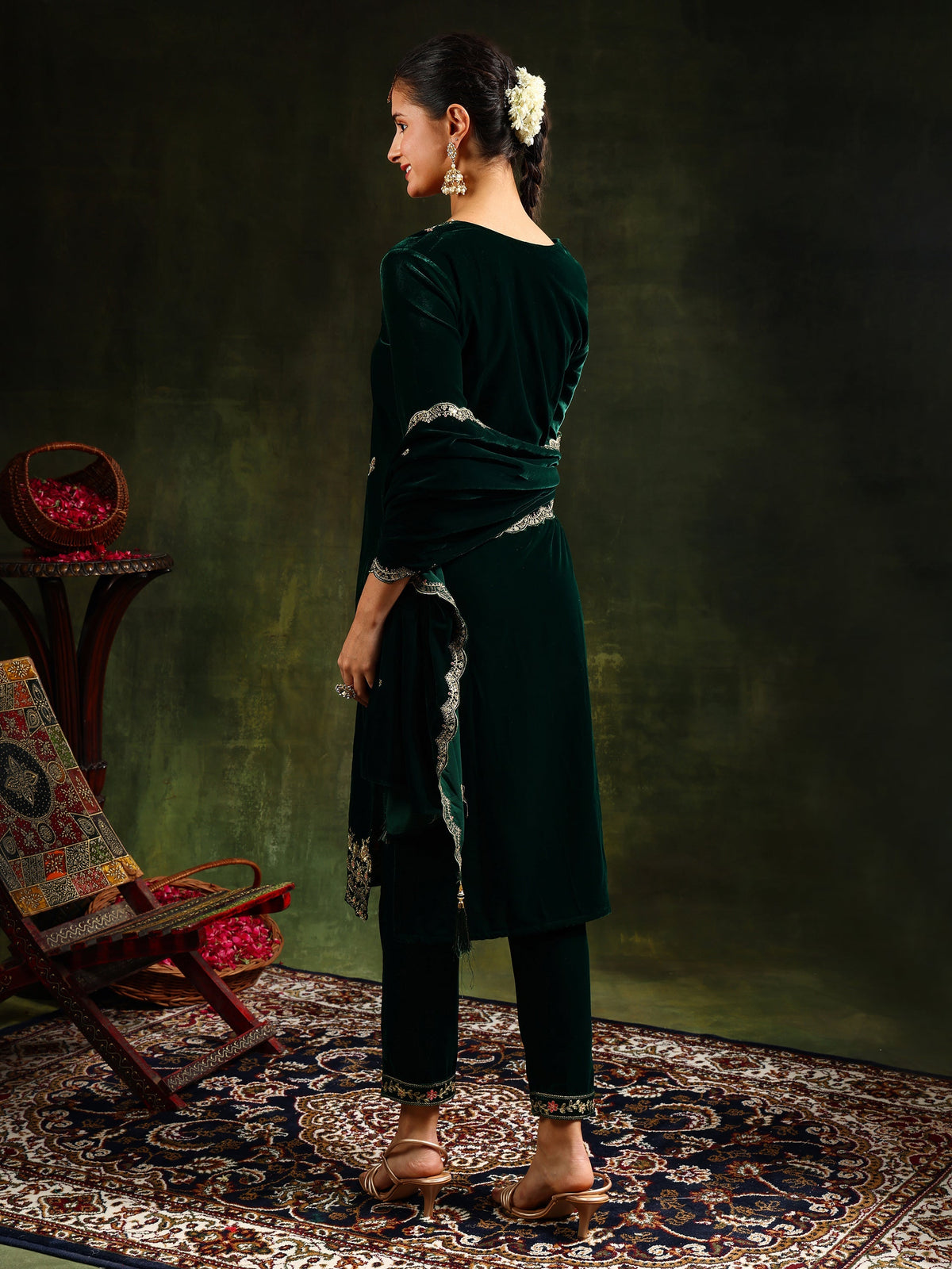 Embroidered Velvet Kurta With Pant & Dupatta, Green - Hiral Fashion | Grocsy
