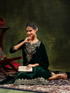Embroidered Velvet Kurta With Pant & Dupatta, Green - Hiral Fashion | Grocsy