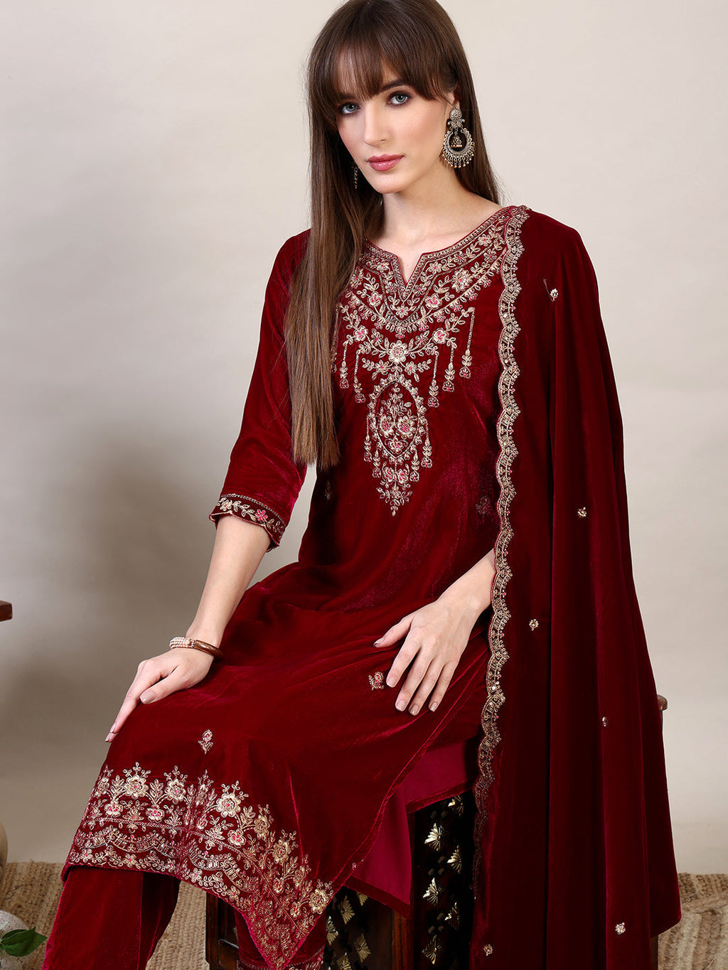 Embroidered Velvet Kurta With Pant & Dupatta, Maroon - Hiral Fashion | Grocsy