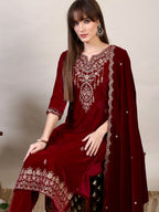 Embroidered Velvet Kurta With Pant & Dupatta, Maroon - Hiral Fashion | Grocsy