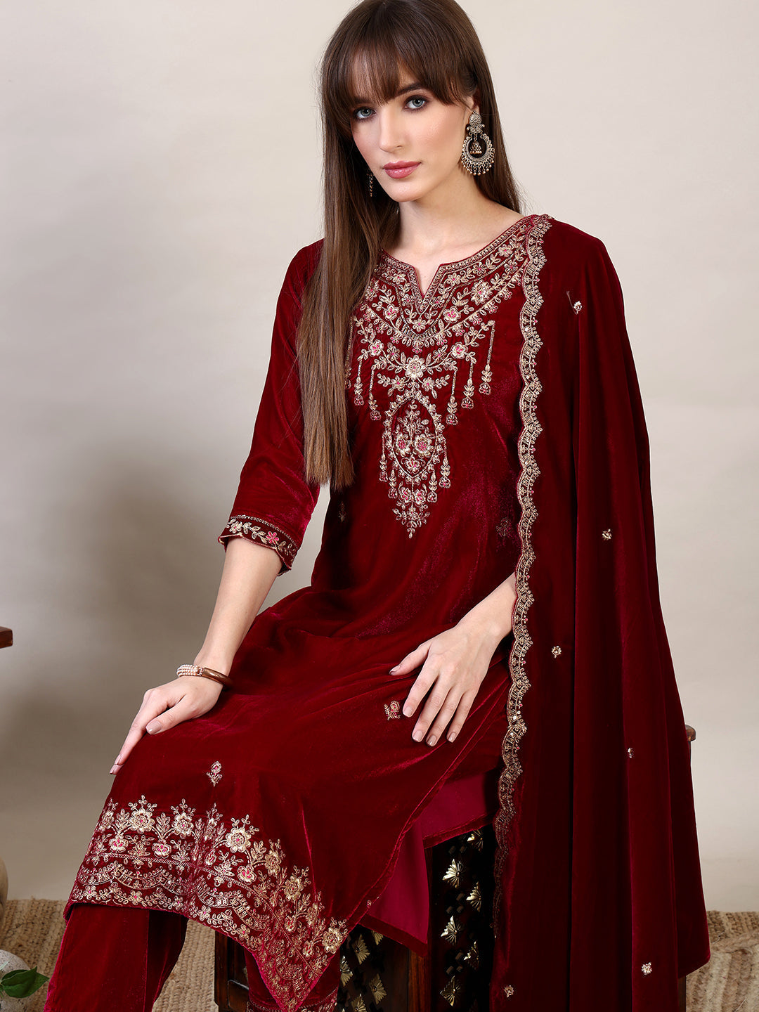 Embroidered Velvet Kurta With Pant & Dupatta, Maroon - Hiral Fashion | Grocsy