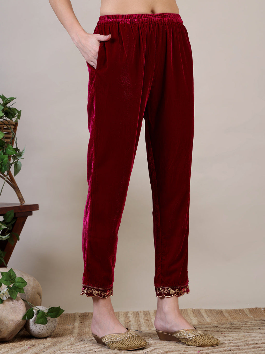 Embroidered Velvet Kurta With Pant & Dupatta, Maroon - Hiral Fashion | Grocsy