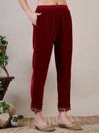 Embroidered Velvet Kurta With Pant & Dupatta, Maroon - Hiral Fashion | Grocsy