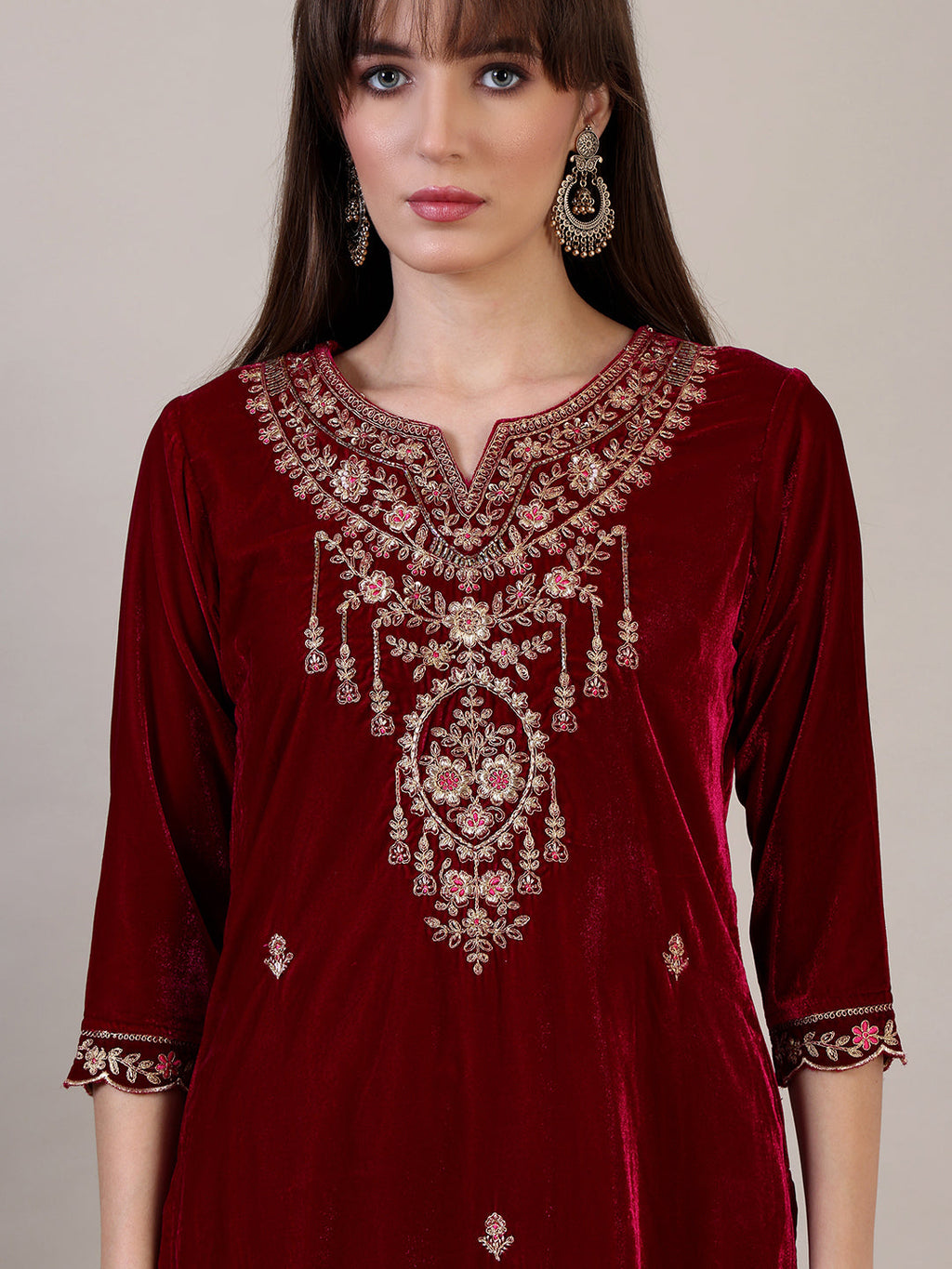 Embroidered Velvet Kurta With Pant & Dupatta, Maroon - Hiral Fashion | Grocsy