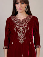 Embroidered Velvet Kurta With Pant & Dupatta, Maroon - Hiral Fashion | Grocsy