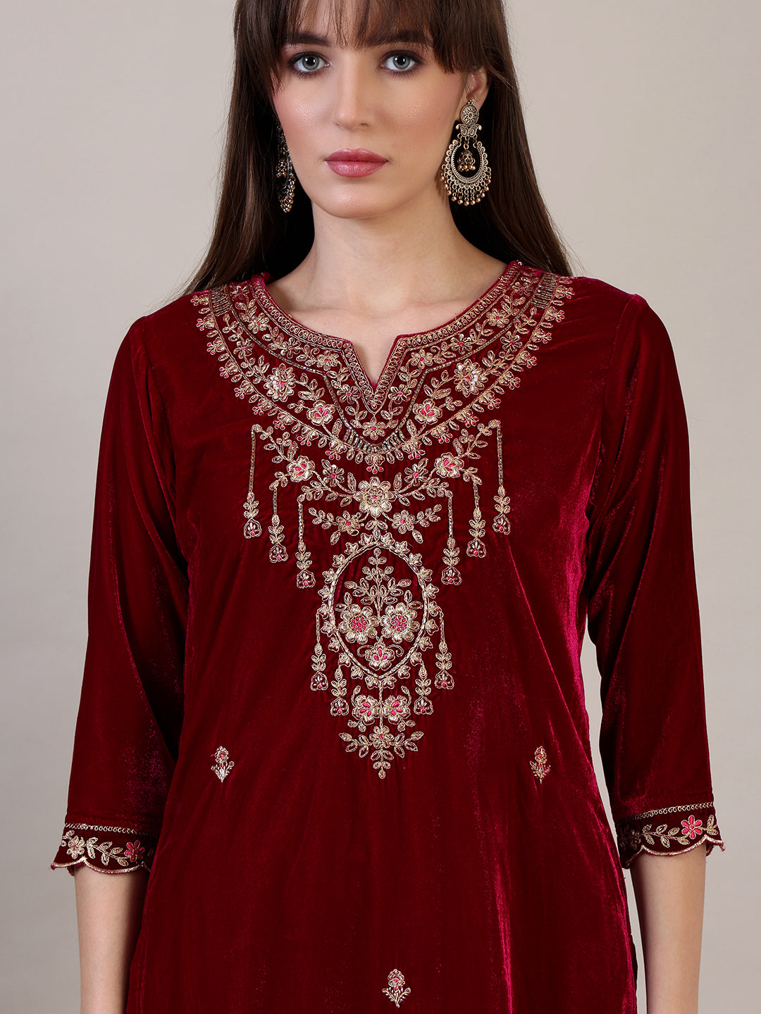 Embroidered Velvet Kurta With Pant & Dupatta, Maroon - Hiral Fashion | Grocsy