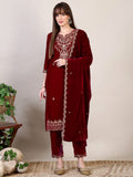 Embroidered Velvet Kurta With Pant & Dupatta, Maroon - Hiral Fashion | Grocsy