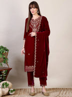 Embroidered Velvet Kurta With Pant & Dupatta, Maroon - Hiral Fashion | Grocsy