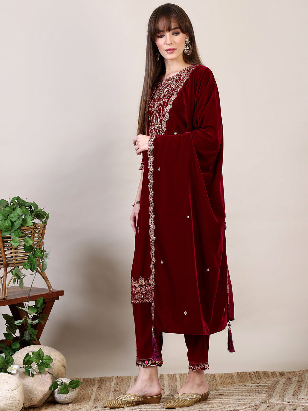 Embroidered Velvet Kurta With Pant & Dupatta, Maroon - Hiral Fashion | Grocsy