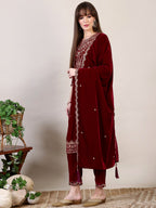 Embroidered Velvet Kurta With Pant & Dupatta, Maroon - Hiral Fashion | Grocsy