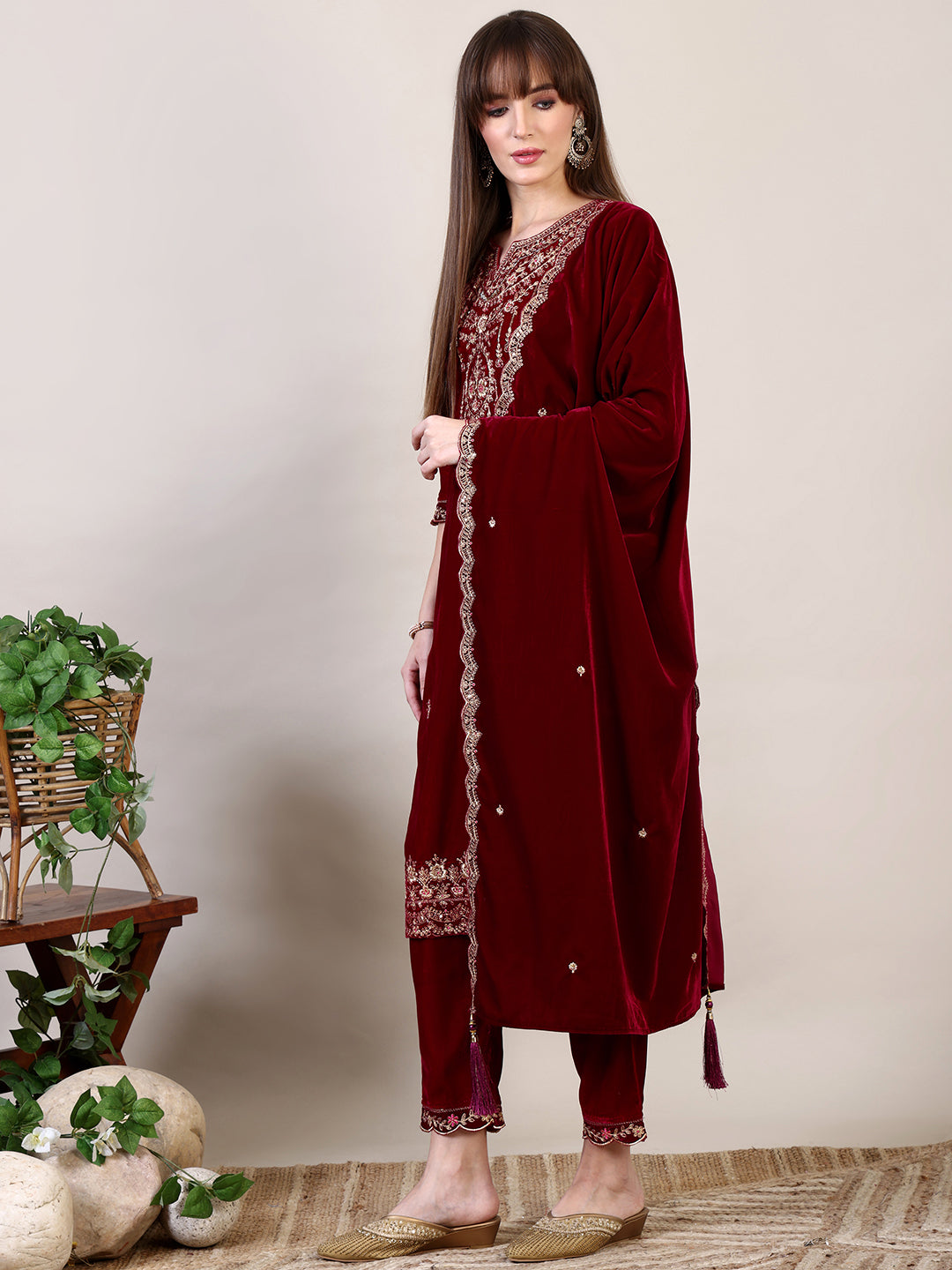Embroidered Velvet Kurta With Pant & Dupatta, Maroon - Hiral Fashion | Grocsy