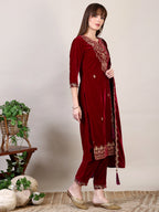 Embroidered Velvet Kurta With Pant & Dupatta, Maroon - Hiral Fashion | Grocsy