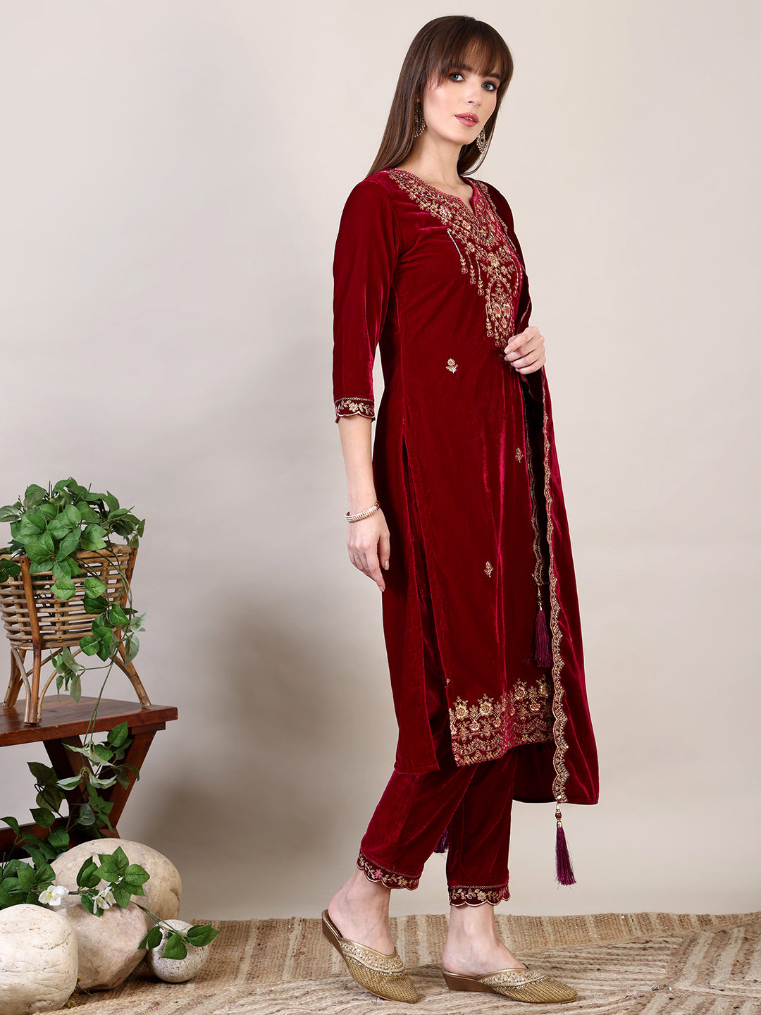Embroidered Velvet Kurta With Pant & Dupatta, Maroon - Hiral Fashion | Grocsy