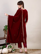 Embroidered Velvet Kurta With Pant & Dupatta, Maroon - Hiral Fashion | Grocsy