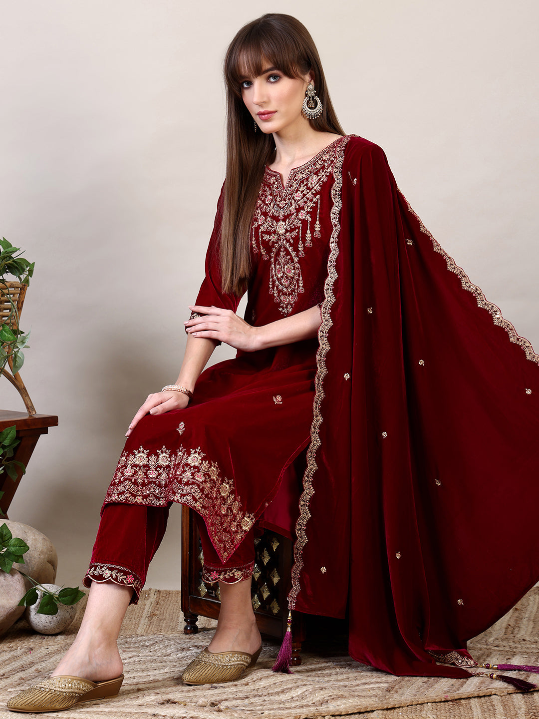 Embroidered Velvet Kurta With Pant & Dupatta, Maroon - Hiral Fashion | Grocsy