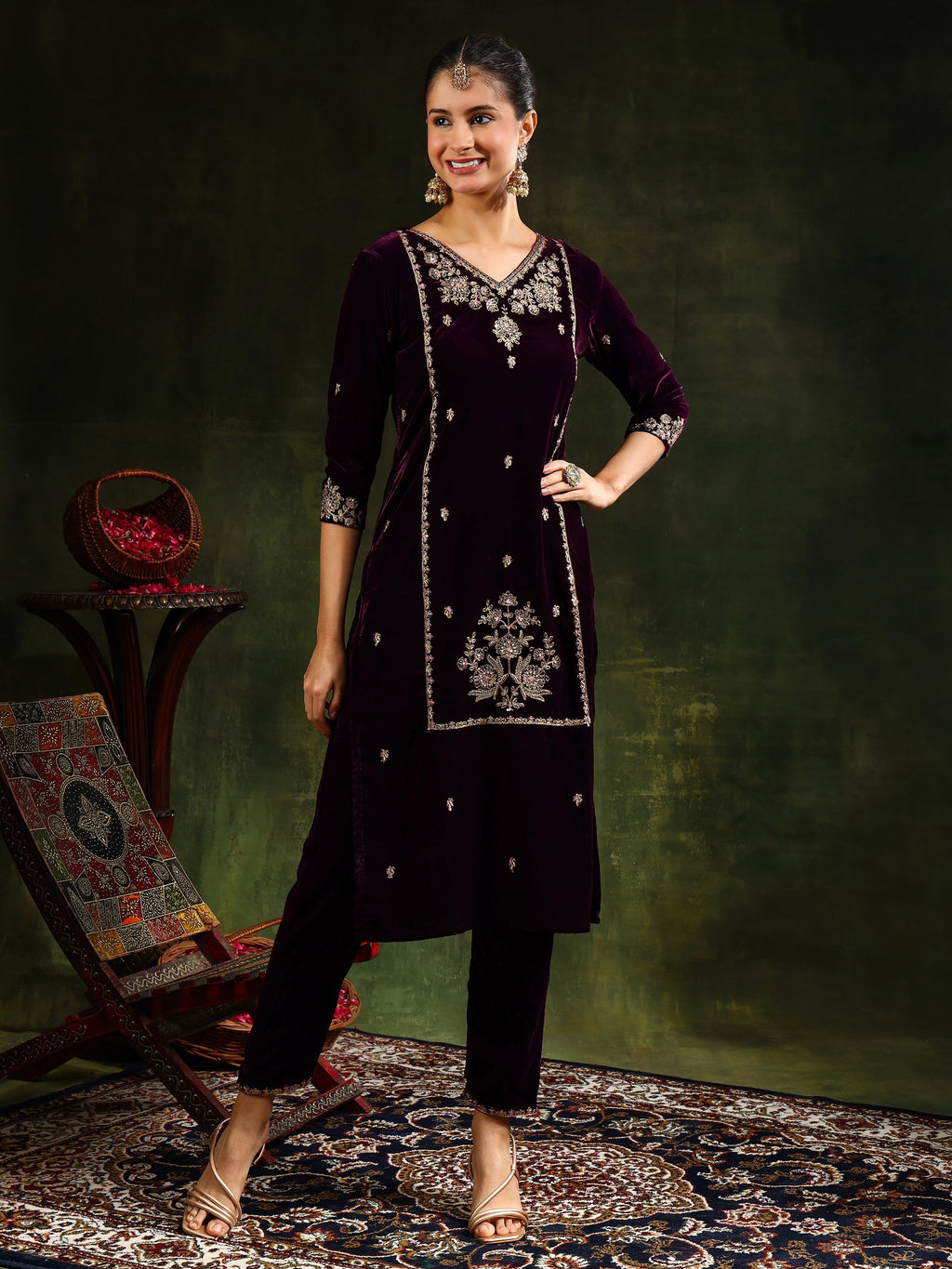 Hand & Machine Embroidered Velvet Kurta With Pant & Dupatta, Wine - Hiral Fashion | Grocsy