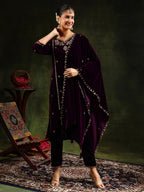 Hand & Machine Embroidered Velvet Kurta With Pant & Dupatta, Wine - Hiral Fashion | Grocsy