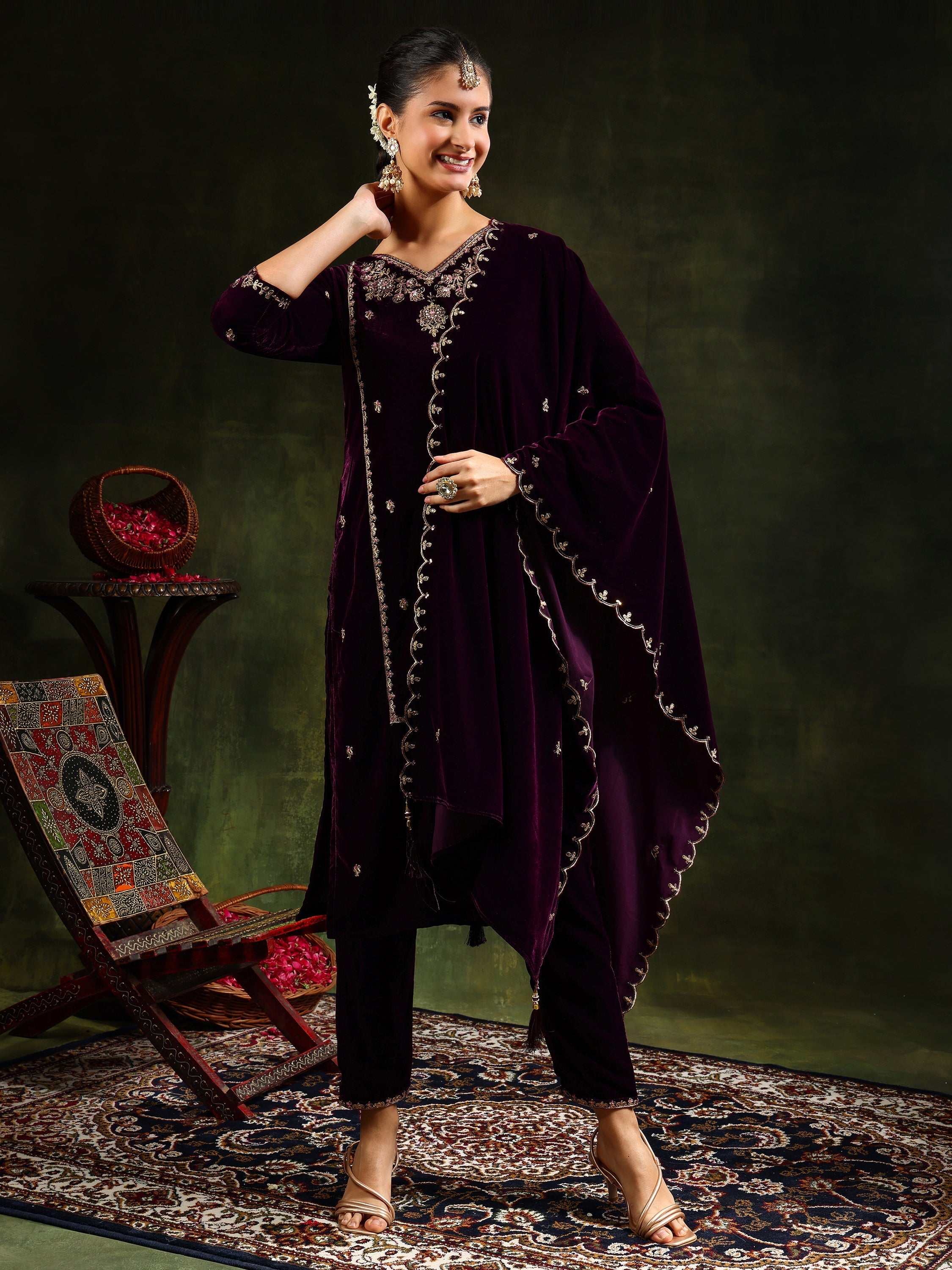 Hand & Machine Embroidered Velvet Kurta With Pant & Dupatta, Wine - Hiral Fashion | Grocsy