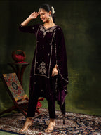 Hand & Machine Embroidered Velvet Kurta With Pant & Dupatta, Wine - Hiral Fashion | Grocsy