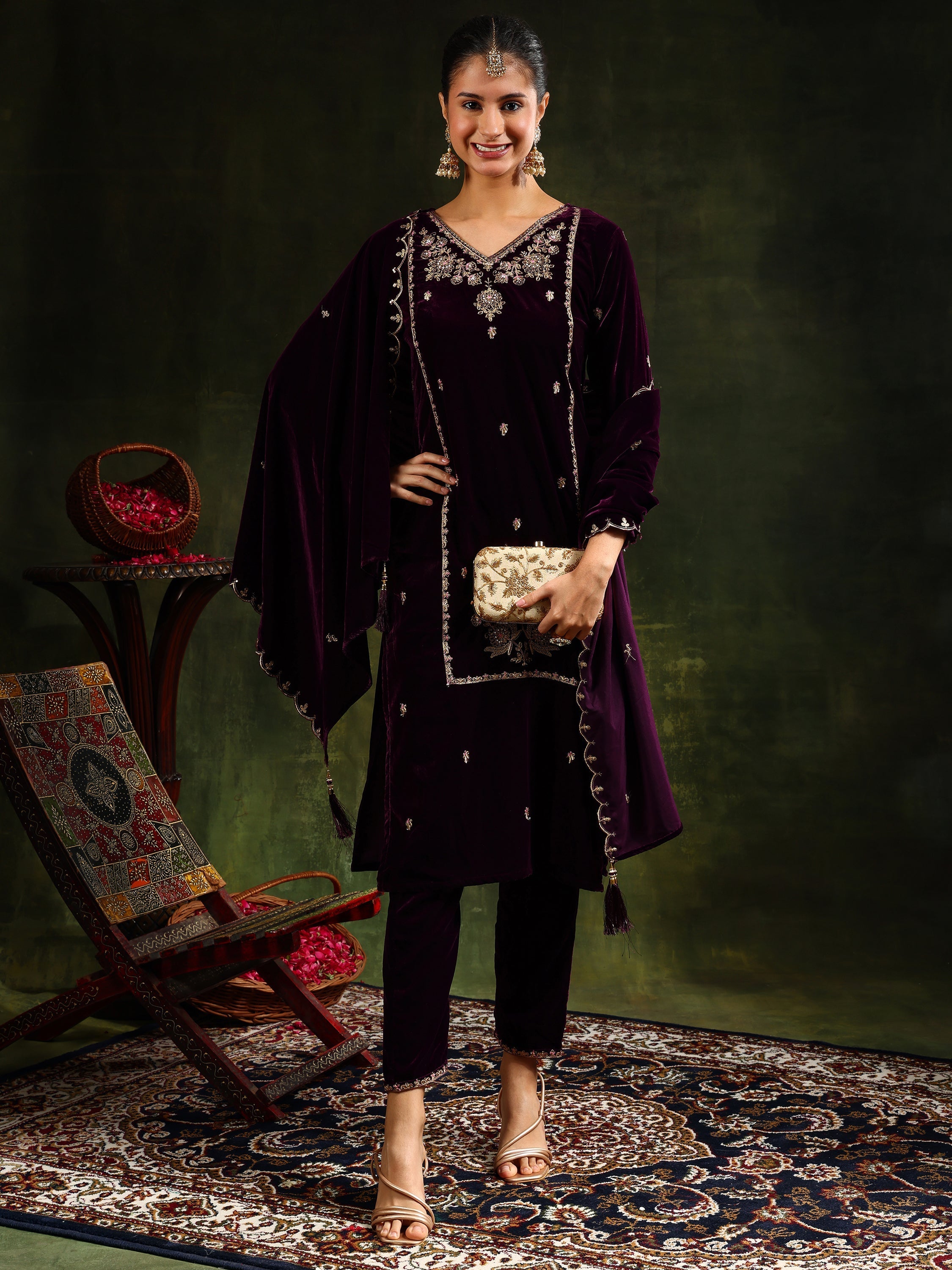 Hand & Machine Embroidered Velvet Kurta With Pant & Dupatta, Wine - Hiral Fashion | Grocsy