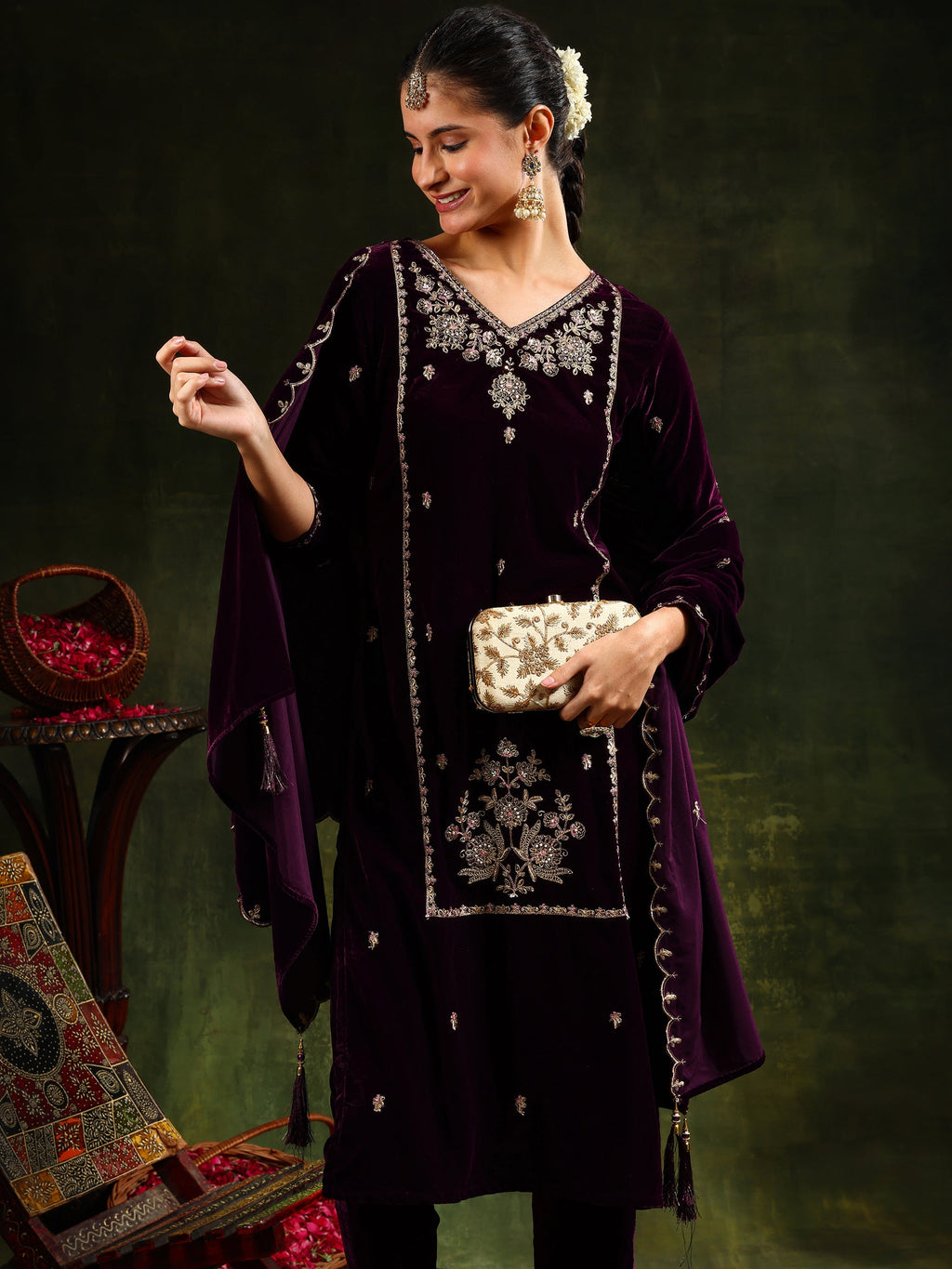 Hand & Machine Embroidered Velvet Kurta With Pant & Dupatta, Wine - Hiral Fashion | Grocsy