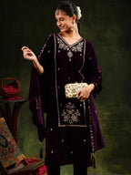 Hand & Machine Embroidered Velvet Kurta With Pant & Dupatta, Wine - Hiral Fashion | Grocsy