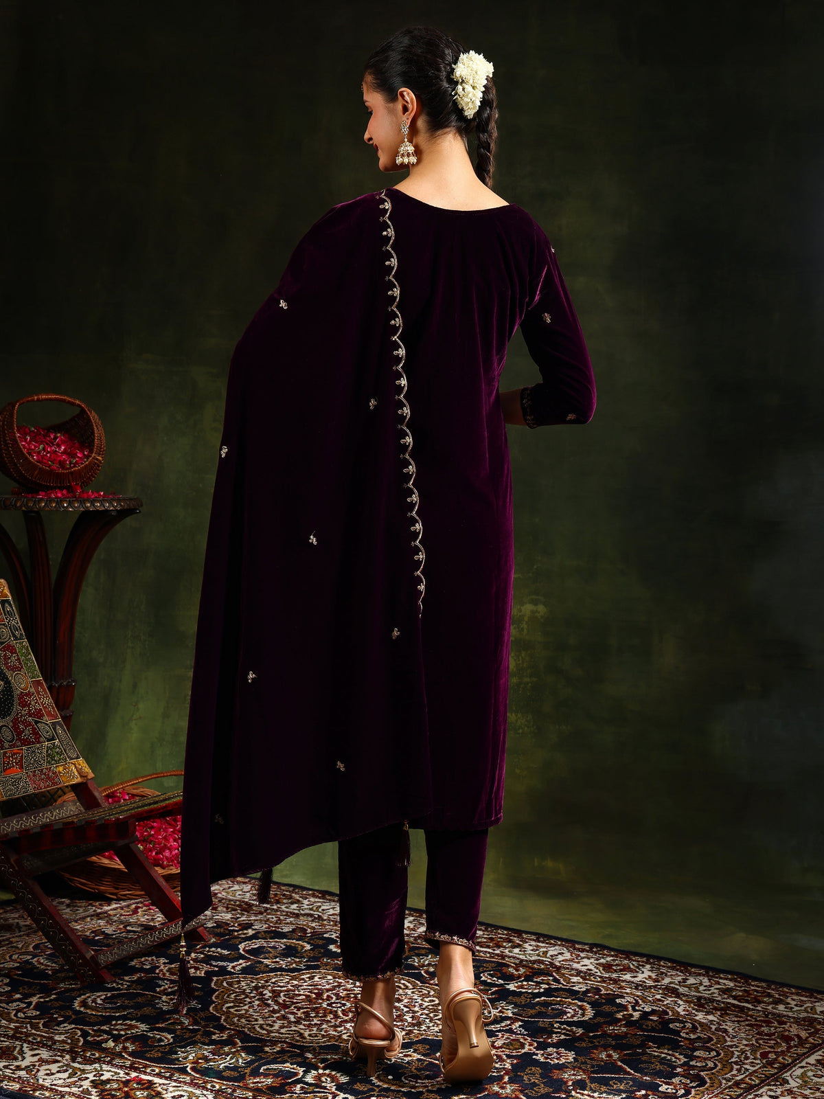 Hand & Machine Embroidered Velvet Kurta With Pant & Dupatta, Wine - Hiral Fashion | Grocsy