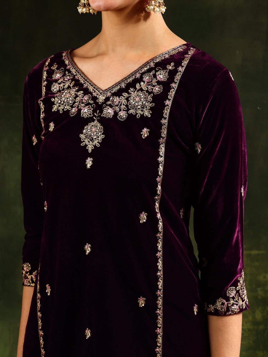 Hand & Machine Embroidered Velvet Kurta With Pant & Dupatta, Wine - Hiral Fashion | Grocsy