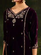 Hand & Machine Embroidered Velvet Kurta With Pant & Dupatta, Wine - Hiral Fashion | Grocsy