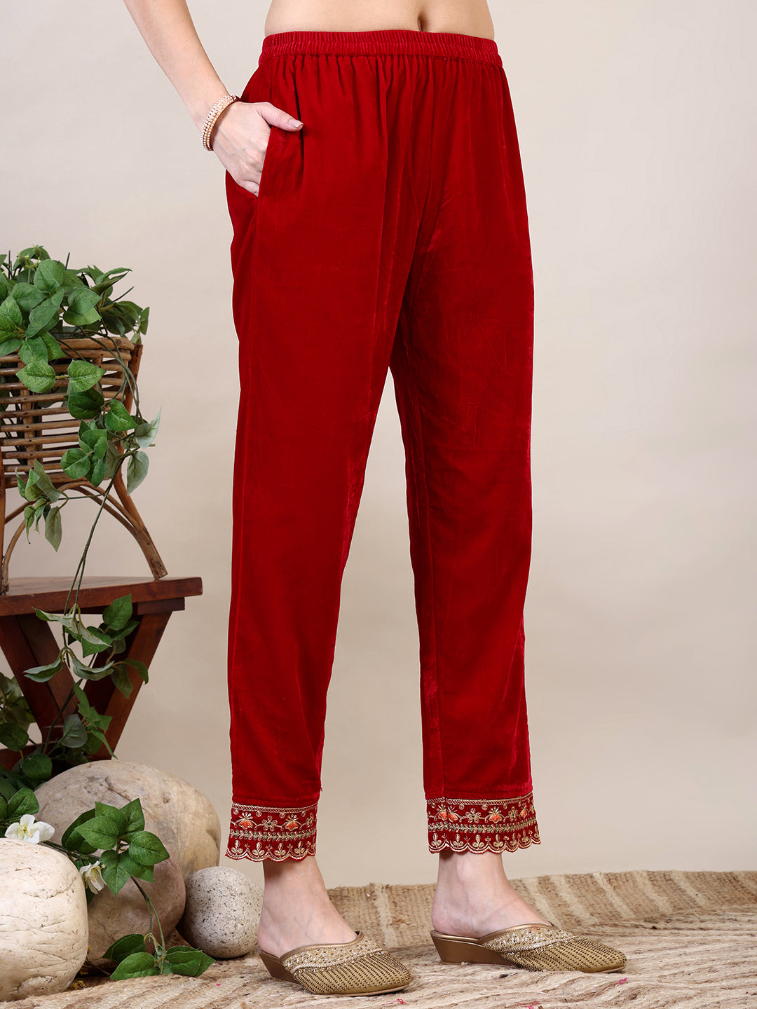 Embroidered Velvet Kurta With Pant & Dupatta, Pink - Hiral Fashion | Grocsy