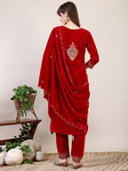 Embroidered Velvet Kurta With Pant & Dupatta, Pink - Hiral Fashion | Grocsy