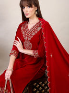 Embroidered Velvet Kurta With Pant & Dupatta, Pink - Hiral Fashion | Grocsy
