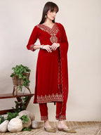Embroidered Velvet Kurta With Pant & Dupatta, Pink - Hiral Fashion | Grocsy