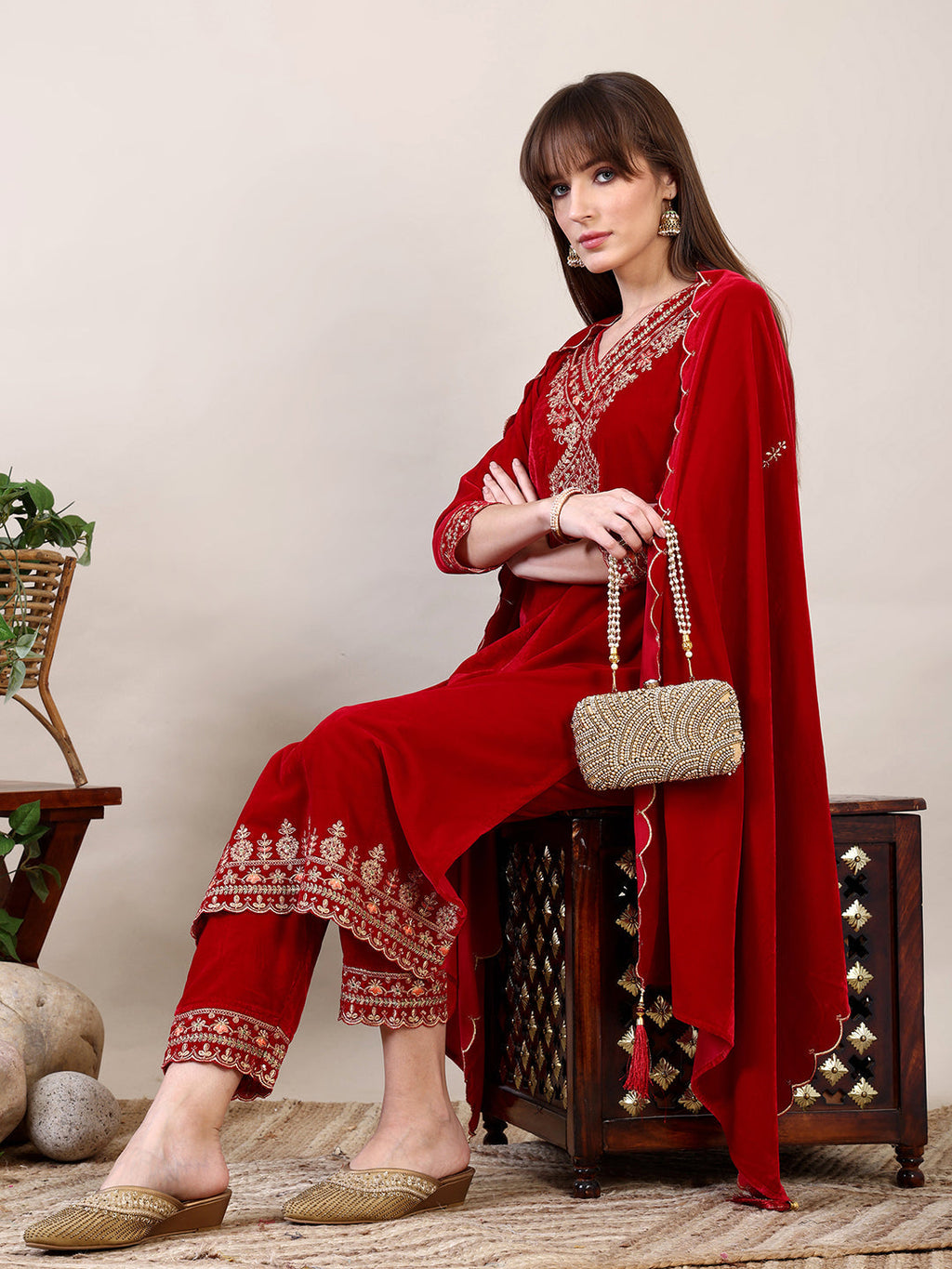 Embroidered Velvet Kurta With Pant & Dupatta, Pink - Hiral Fashion | Grocsy