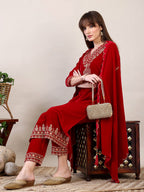 Embroidered Velvet Kurta With Pant & Dupatta, Pink - Hiral Fashion | Grocsy