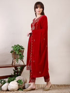 Embroidered Velvet Kurta With Pant & Dupatta, Pink - Hiral Fashion | Grocsy