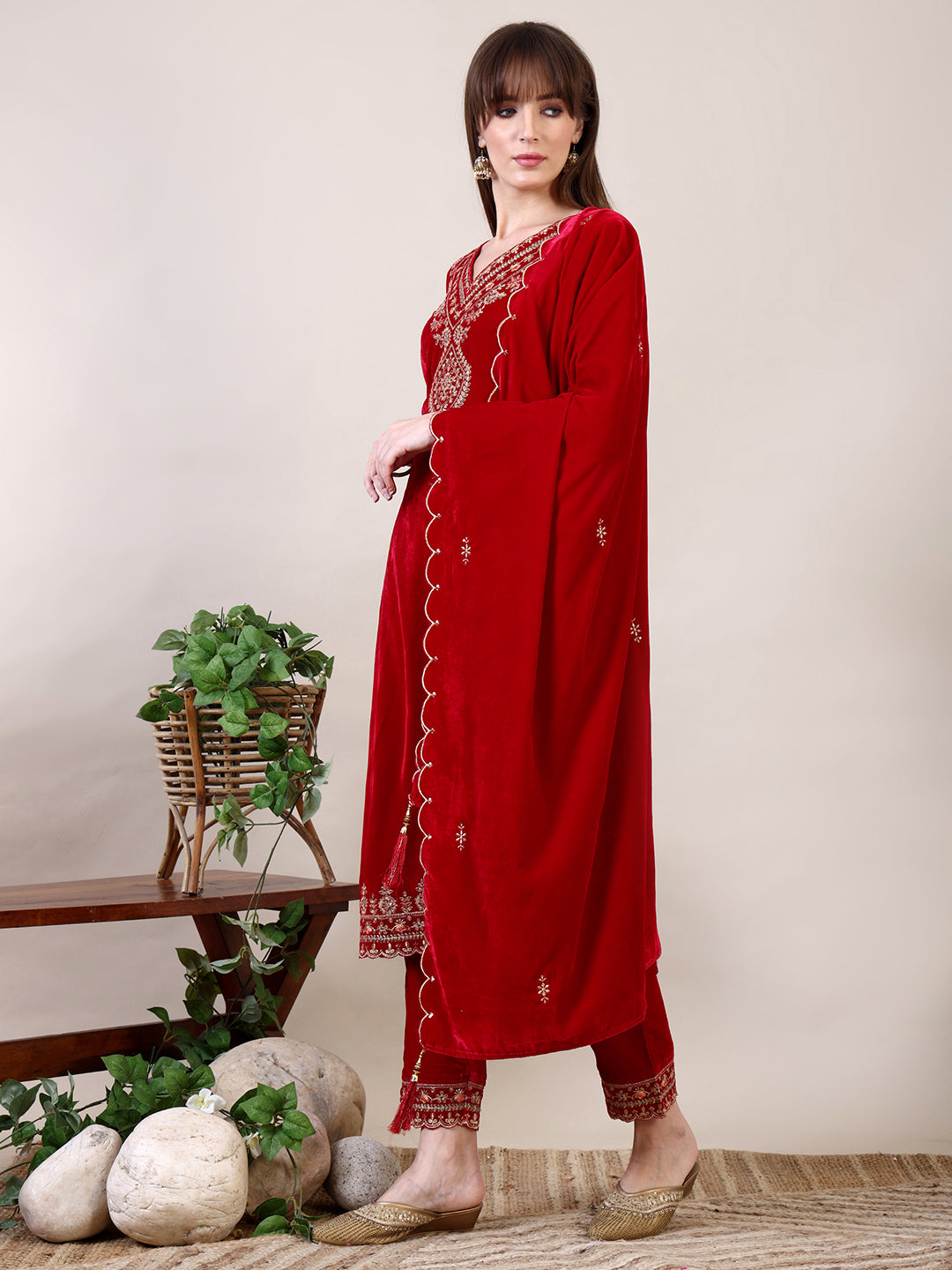 Embroidered Velvet Kurta With Pant & Dupatta, Pink - Hiral Fashion | Grocsy