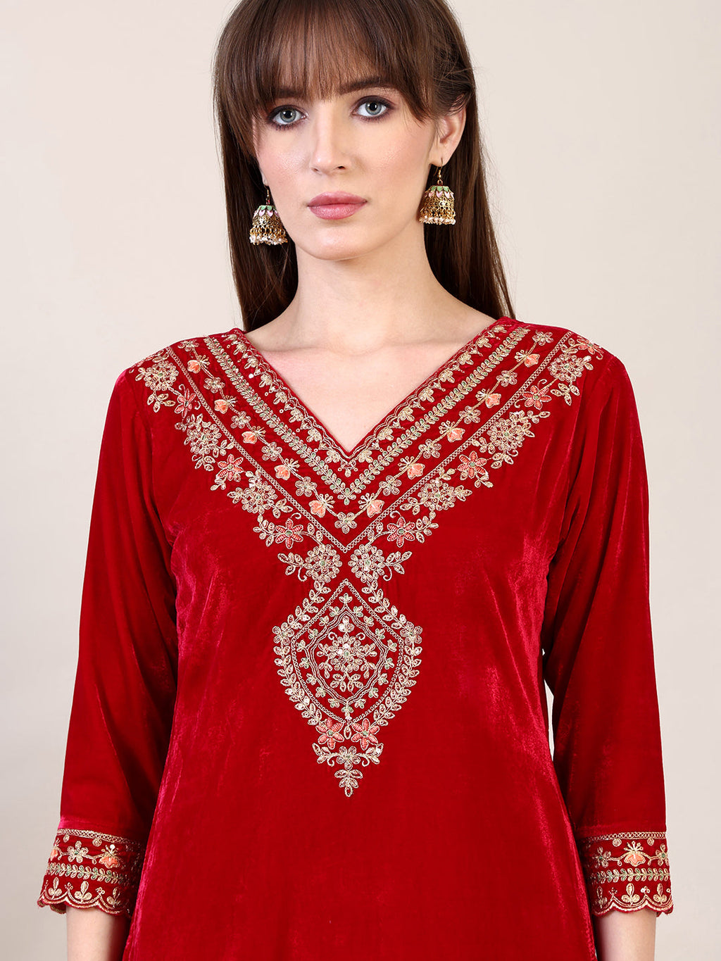 Embroidered Velvet Kurta With Pant & Dupatta, Pink - Hiral Fashion | Grocsy