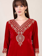 Embroidered Velvet Kurta With Pant & Dupatta, Pink - Hiral Fashion | Grocsy