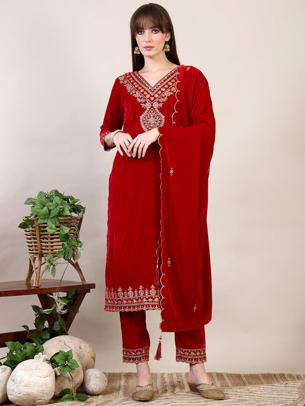 Embroidered Velvet Kurta With Pant & Dupatta, Pink - Hiral Fashion | Grocsy