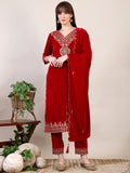 Embroidered Velvet Kurta With Pant & Dupatta, Pink - Hiral Fashion | Grocsy