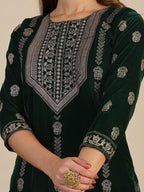 Hand & Foil Printed Velvet Kurta With Pant & Dupatta, Bottle-Green - Hiral Fashion | Grocsy
