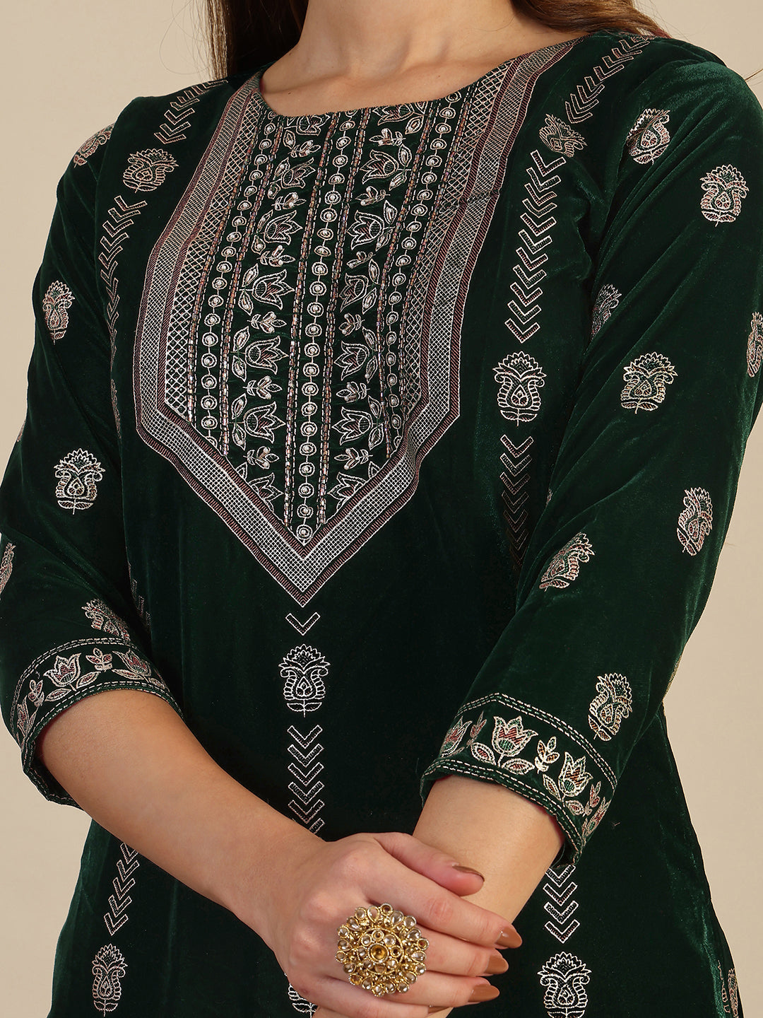 Hand & Foil Printed Velvet Kurta With Pant & Dupatta, Bottle-Green - Hiral Fashion | Grocsy