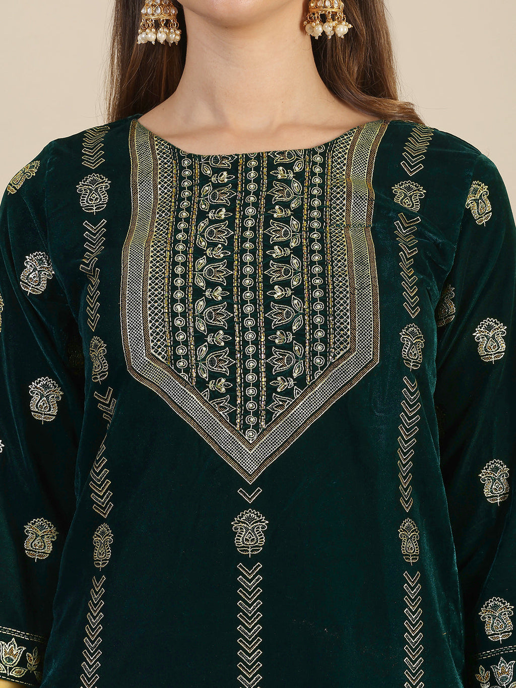 Hand & Foil Printed Velvet Kurta With Pant & Dupatta, Bottle-Green - Hiral Fashion | Grocsy
