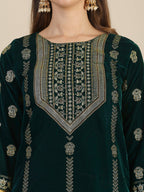 Hand & Foil Printed Velvet Kurta With Pant & Dupatta, Bottle-Green - Hiral Fashion | Grocsy