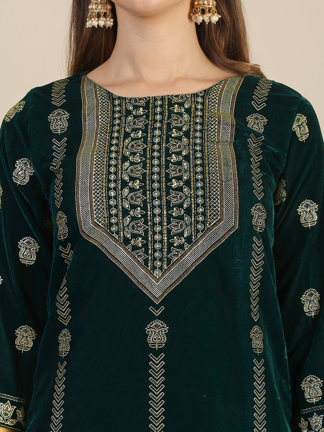 Hand & Foil Printed Velvet Kurta With Pant & Dupatta, Bottle-Green - Hiral Fashion | Grocsy