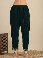 Hand & Foil Printed Velvet Kurta With Pant & Dupatta, Bottle-Green - Hiral Fashion | Grocsy