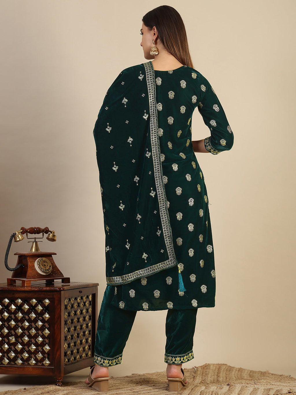 Hand & Foil Printed Velvet Kurta With Pant & Dupatta, Bottle-Green - Hiral Fashion | Grocsy