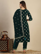 Hand & Foil Printed Velvet Kurta With Pant & Dupatta, Bottle-Green - Hiral Fashion | Grocsy