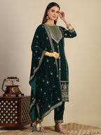Hand & Foil Printed Velvet Kurta With Pant & Dupatta, Bottle-Green - Hiral Fashion | Grocsy
